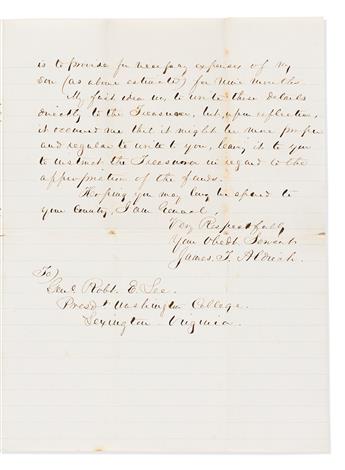 (CIVIL WAR--CONFEDERATE.) James T. Aldrich. Letter to college president Robert E. Lee, requesting "words of counsel and encouragement"           